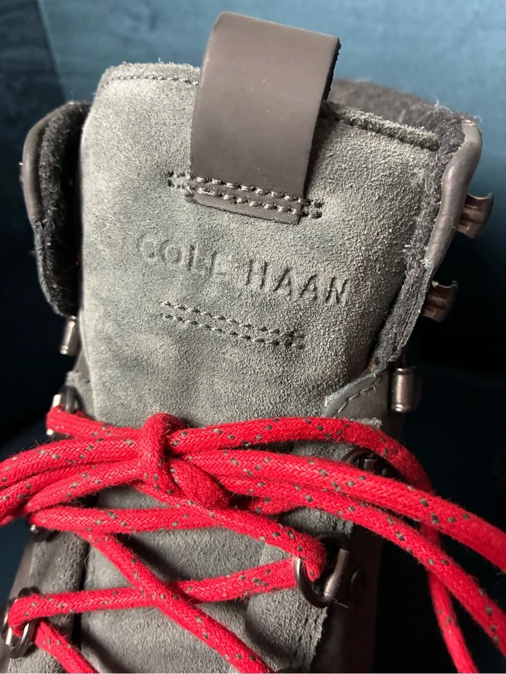 Cole Haan Zerogrand Rugged Chukka Boots feature grey suede with Red Laces